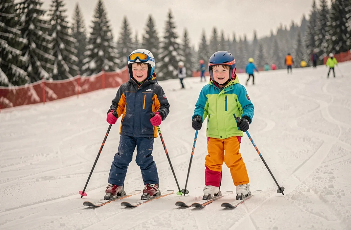 Enfants en train de skier sur les pistes débutantes de la station des Sept Laux en famille