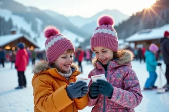 Deux enfants souriants en ski à Tignes avec montagnes enneigées