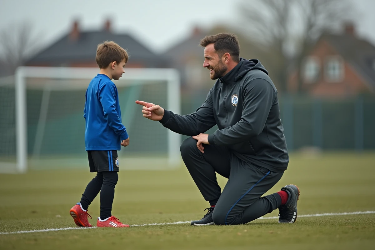 Entraîneur de football expliquant une tactique à un jeune joueur lors d'un entraînement en club
