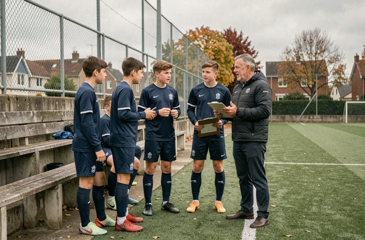 Groupe de jeunes joueurs du District 44 écoutant les consignes tactiques de leur entraîneur avant un match