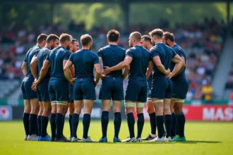Groupe de joueurs de rugby en huddle après un match fédérale 3