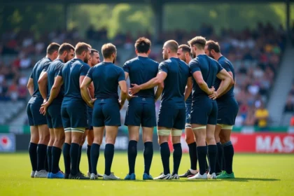 Groupe de joueurs de rugby en huddle après un match fédérale 3