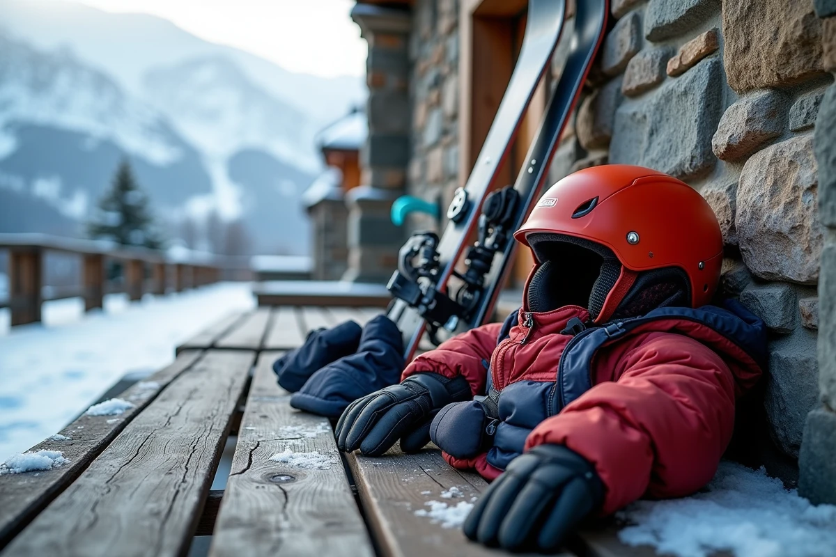 Équipement complet de ski alpin disposé sur un banc en bois enneigé devant un refuge de montagne en pierre