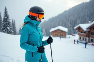 Femme équipée pour le ski alpin avec veste bleue et casque orange au pied d'une piste enneigée en station de montagne