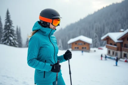 Femme équipée pour le ski alpin avec veste bleue et casque orange au pied d'une piste enneigée en station de montagne
