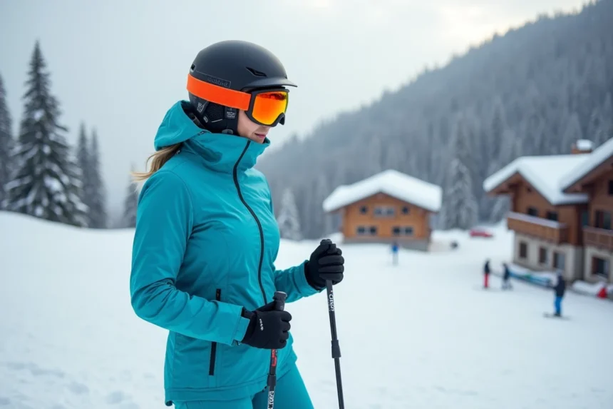 Femme équipée pour le ski alpin avec veste bleue et casque orange au pied d'une piste enneigée en station de montagne