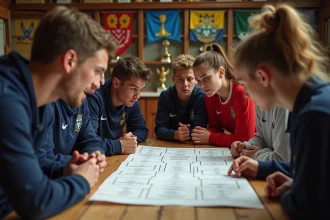 Jeunes joueurs de football amateurs autour d'un tableau de tournoi