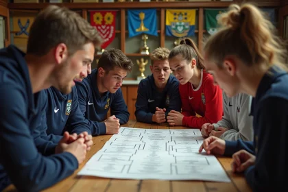 Jeunes joueurs de football amateurs autour d'un tableau de tournoi
