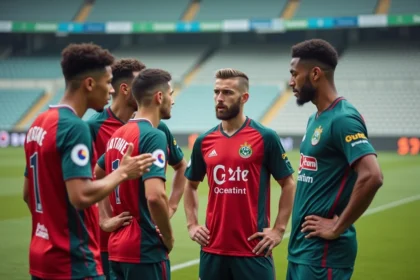 Quatre footballeurs nantes discutent stratégie sur le bord du terrain