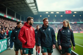 Groupe de rugbymen et femmes discutant dans le stade