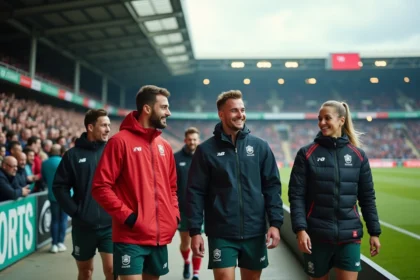Groupe de rugbymen et femmes discutant dans le stade