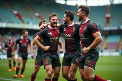Joueurs de rugby masculins célébrant leur victoire sur le terrain