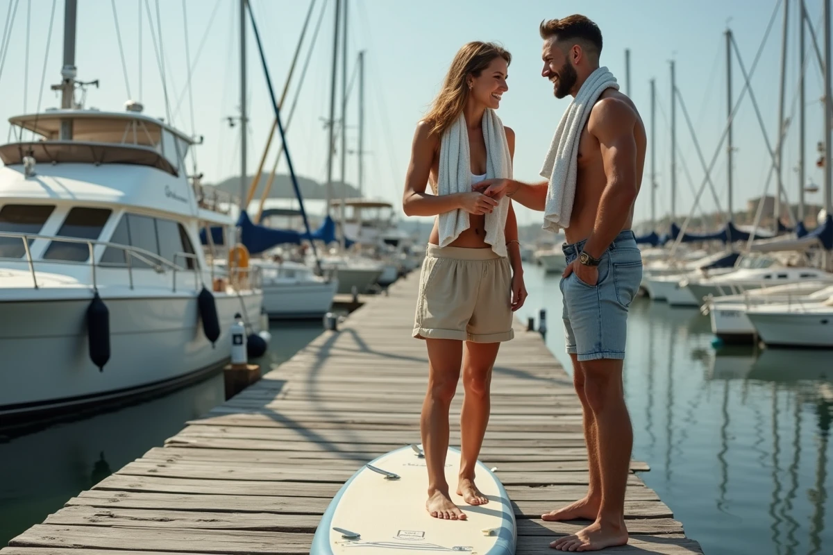 Deux amis examinant le placement de l'aileron d'un stand up paddle sur un ponton de marina, erreur d'équipement courante