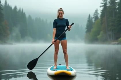 Femme en équilibre instable sur un stand up paddle sur un lac calme, illustrant les erreurs de posture des débutants