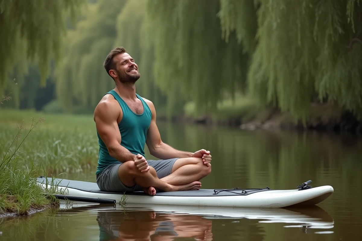 Homme pratiquant des étirements du dos sur son paddle posé sur la berge après une session
