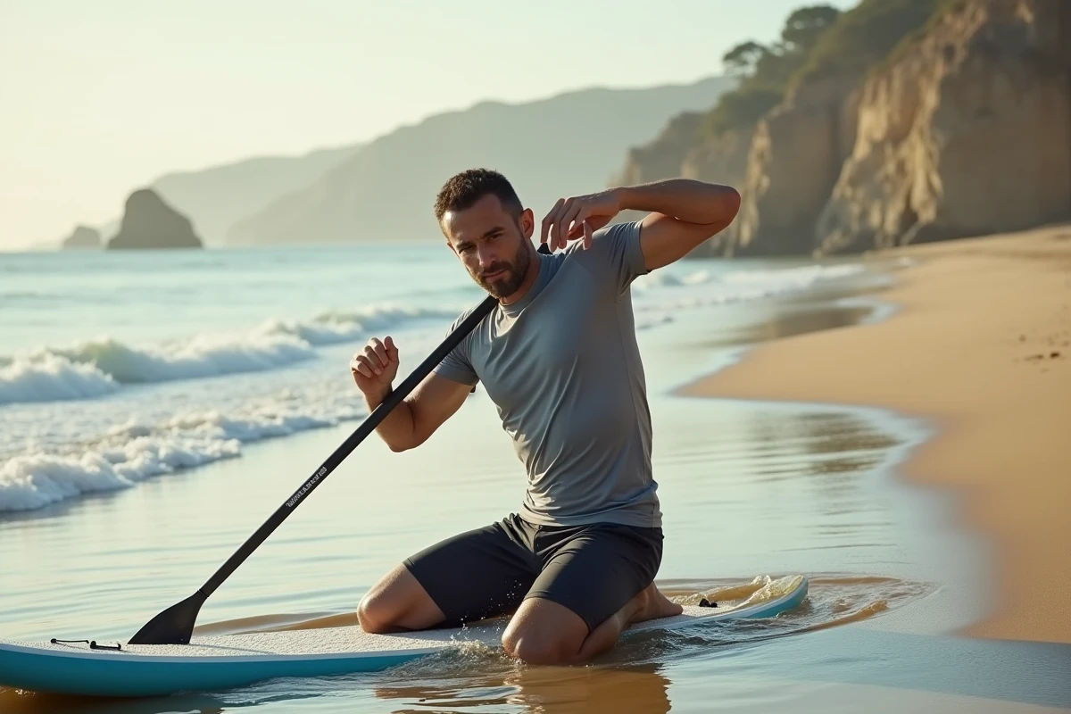 Homme effectuant des étirements des épaules sur un paddle board avant de pagayer