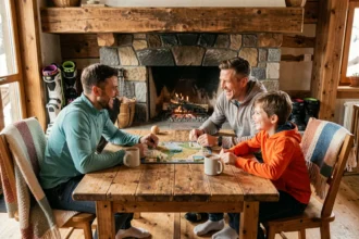 Famille jouant à un jeu de société dans un chalet alpin pendant une journée hors ski en station de montagne