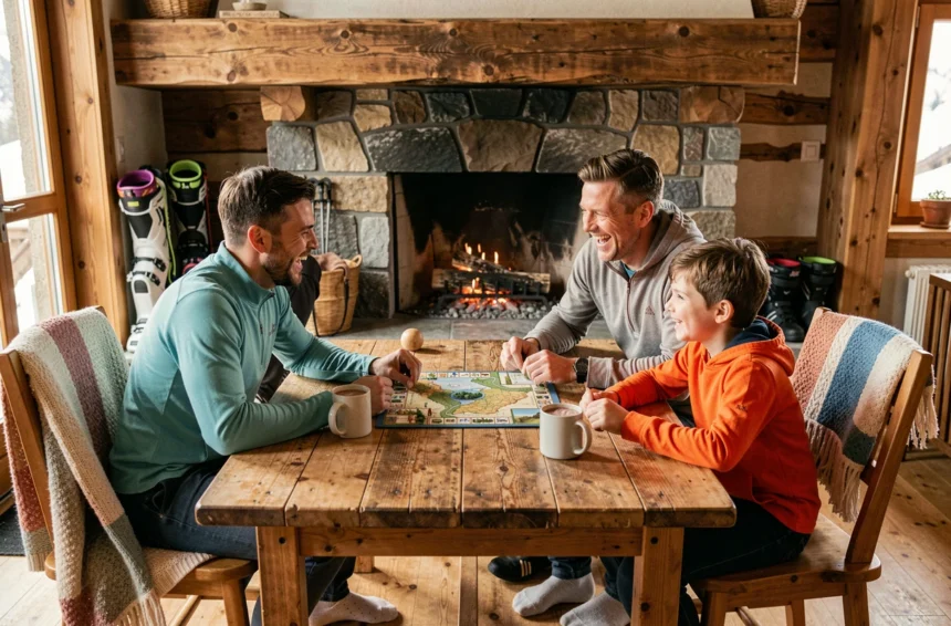 Famille jouant à un jeu de société dans un chalet alpin pendant une journée hors ski en station de montagne