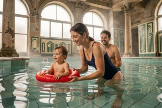 Famille avec bébé nageur dans une piscine municipale de style art déco à Paris, créneau famille en bassin peu profond