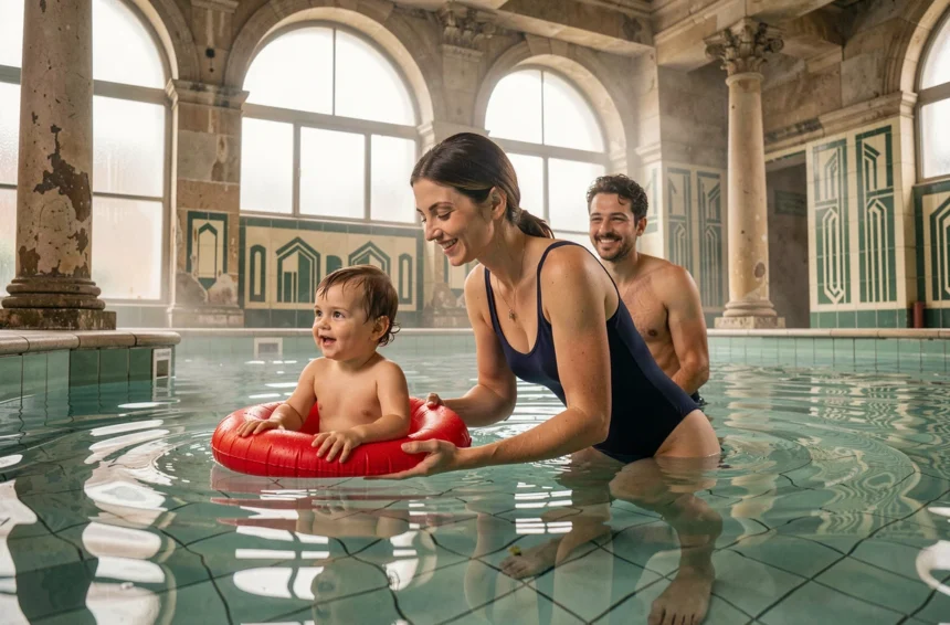 Famille avec bébé nageur dans une piscine municipale de style art déco à Paris, créneau famille en bassin peu profond