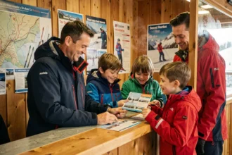 Famille avec enfants au guichet des forfaits de ski aux Sept Laux consultant une brochure de réductions