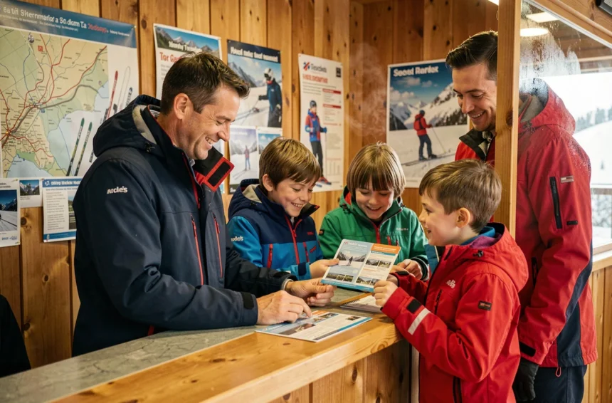 Famille avec enfants au guichet des forfaits de ski aux Sept Laux consultant une brochure de réductions