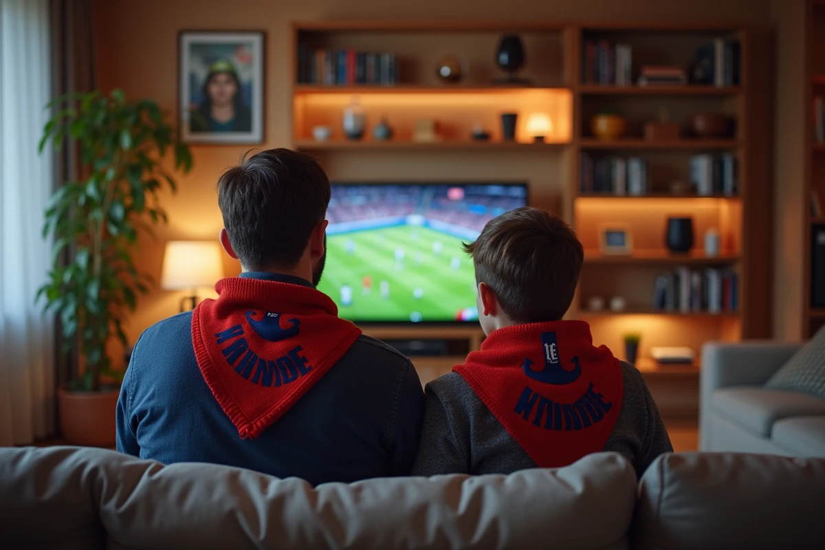 Famille regardant un match de football à la maison