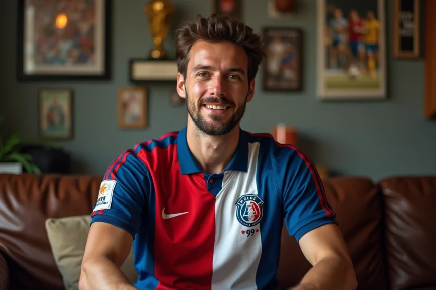 Fan de football nostalgique portant le maillot de l'équipe de France 1998 entouré de souvenirs de la Coupe du monde