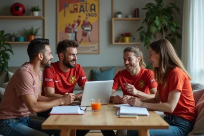 Groupe de fans de football discutant autour d'une table