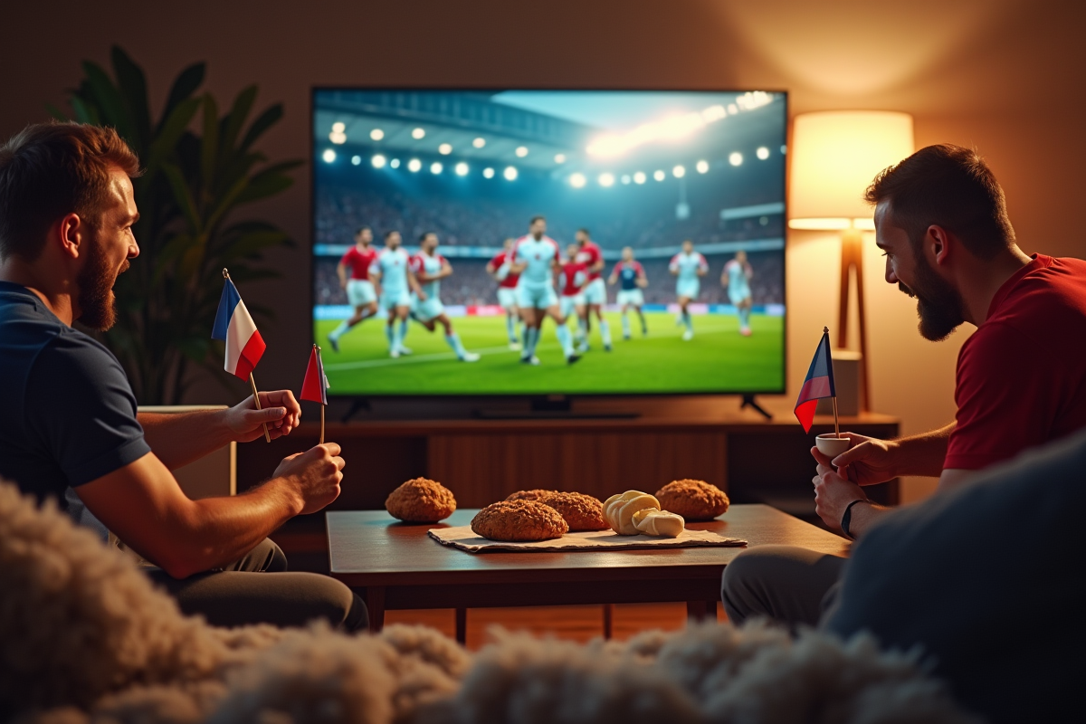 Fans de rugby dans un salon français regardant un match