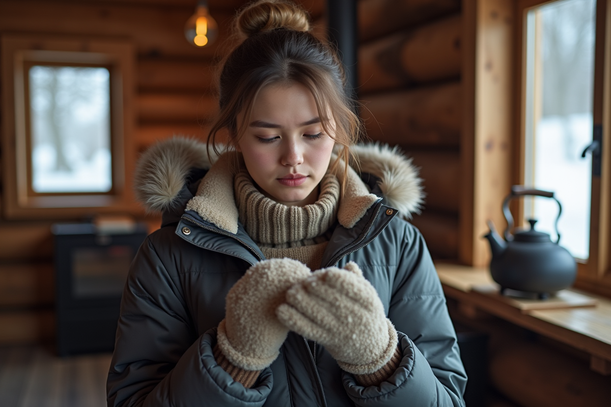 Femme dans une cabane examine un gant chaud