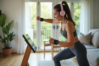 Jeune femme en sport cardio à la maison avec casque et tablette