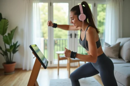 Jeune femme en sport cardio à la maison avec casque et tablette