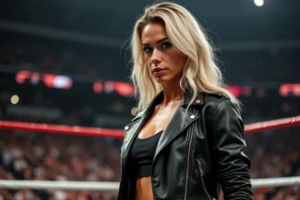 Femme athlétique et combative dans une arène de catch professionnelle, représentant le style de championne de catch WWE en 2026