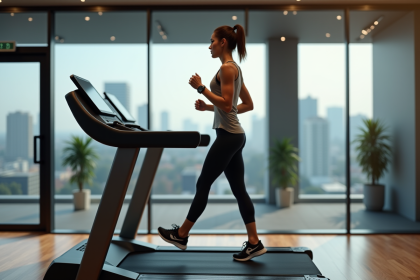 Femme sportive courant sur un tapis moderne dans une salle lumineuse