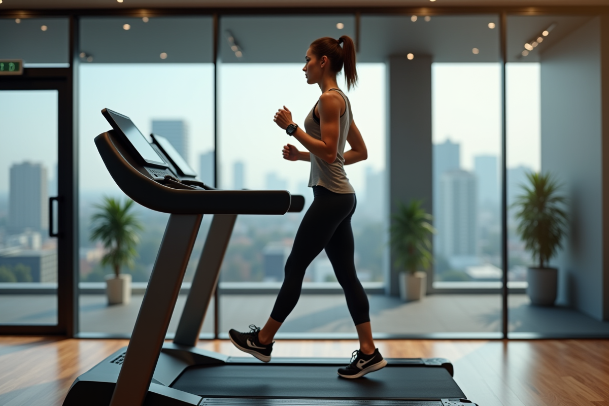 Femme sportive courant sur un tapis moderne dans une salle lumineuse