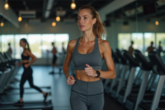 Femme en entraînement sur tapis de course en salle de sport