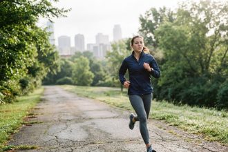 Jeune femme déterminée en course urbaine en pleine nature