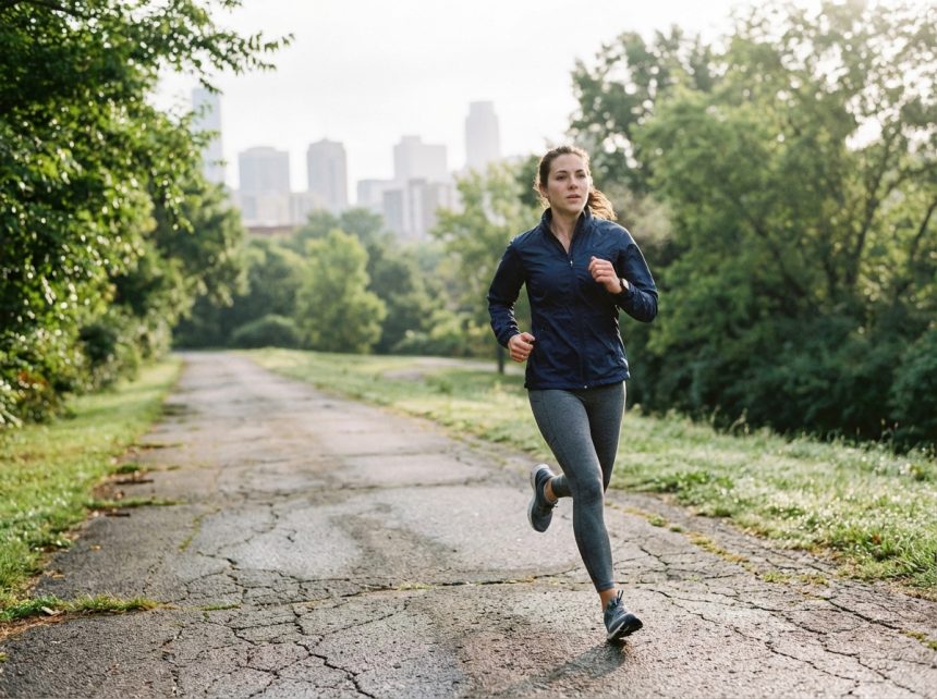 Jeune femme déterminée en course urbaine en pleine nature