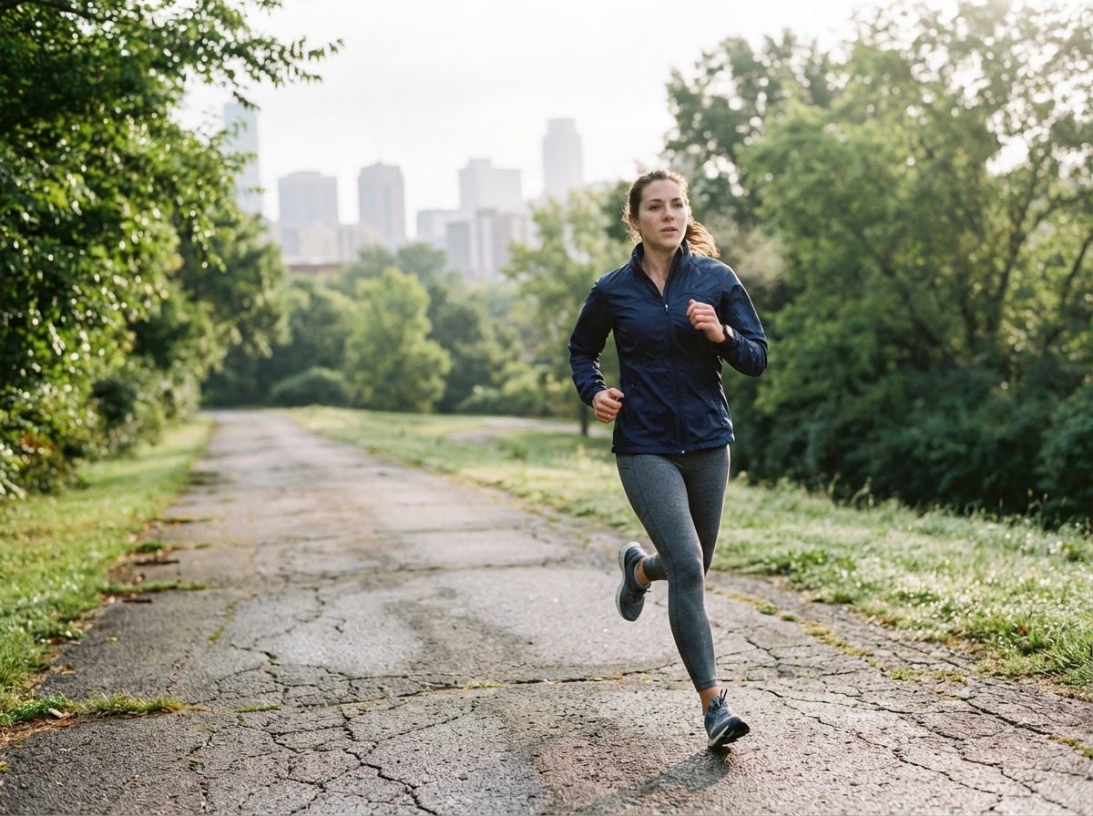 Jeune femme déterminée en course urbaine en pleine nature