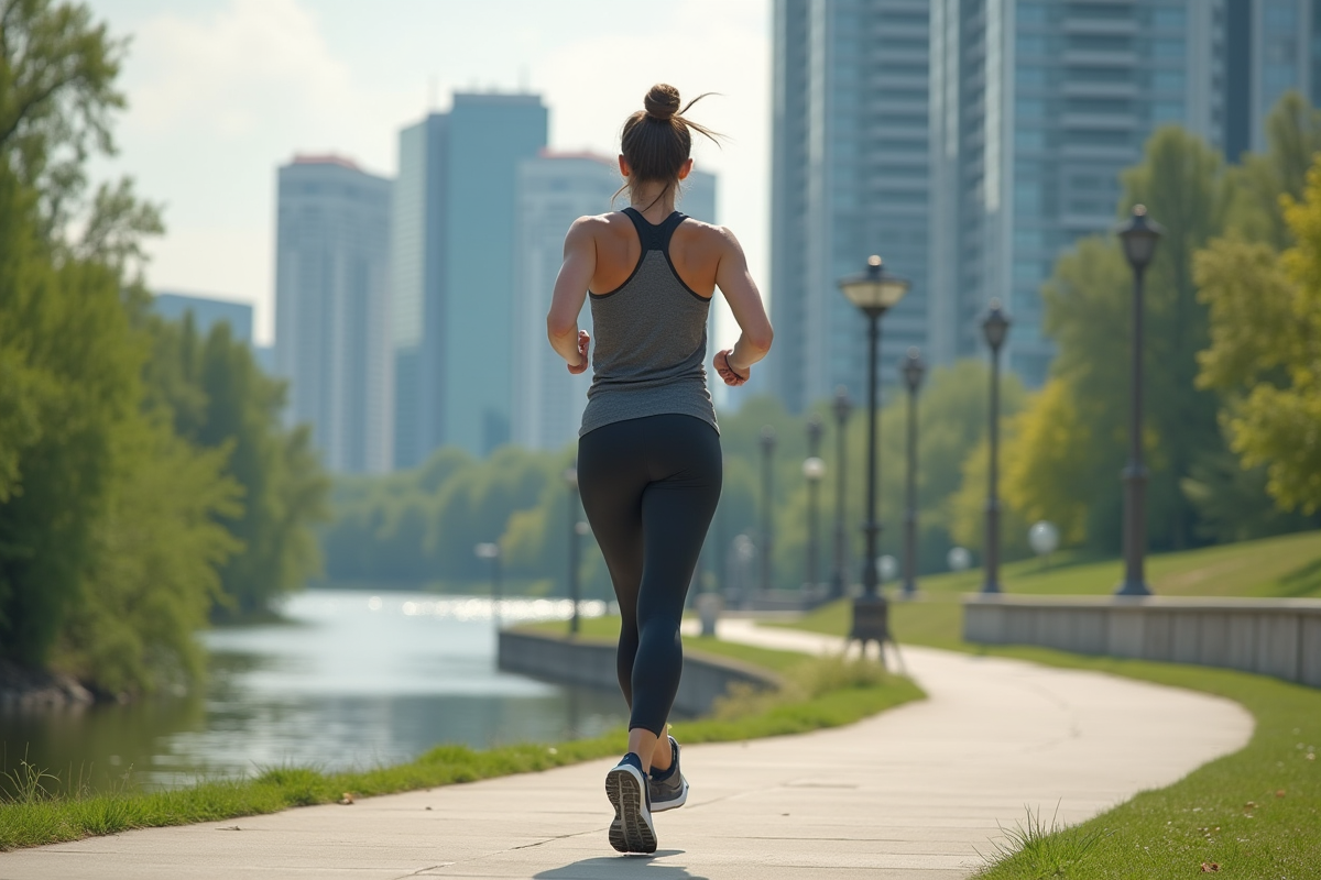 Femme sportive courant au bord de la rivière en ville