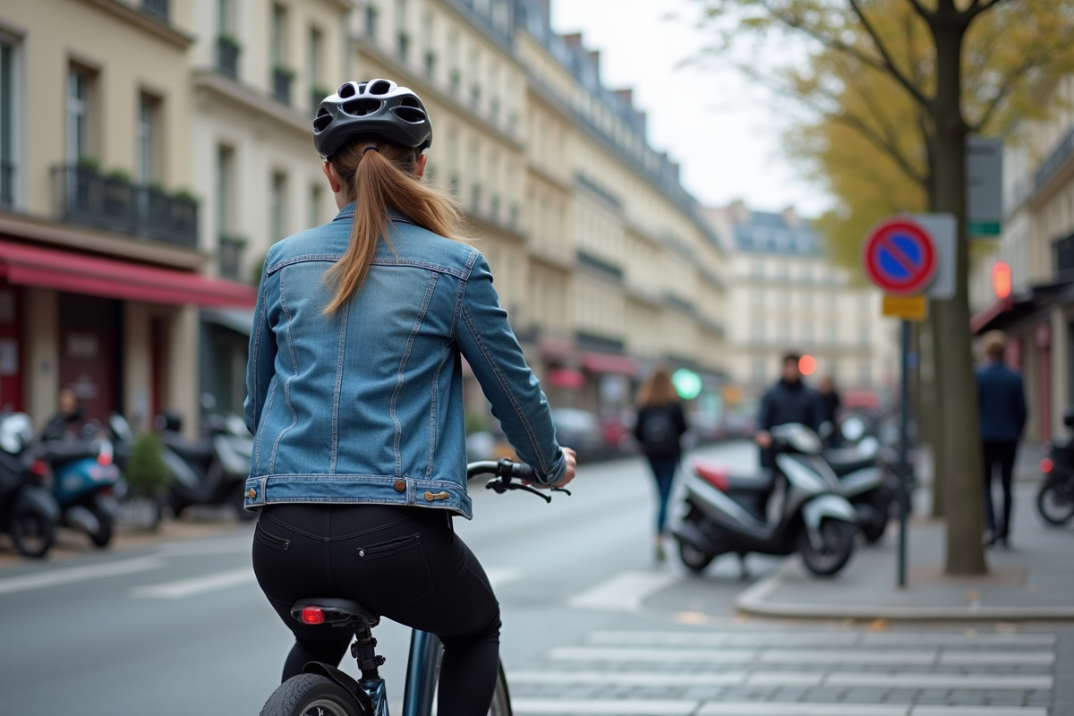 Femme à vélo avec casque dans une rue parisienne