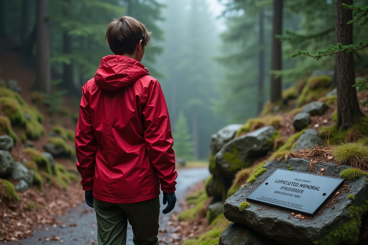 Jeune femme grimpeuse devant une plaque commémorative en forêt