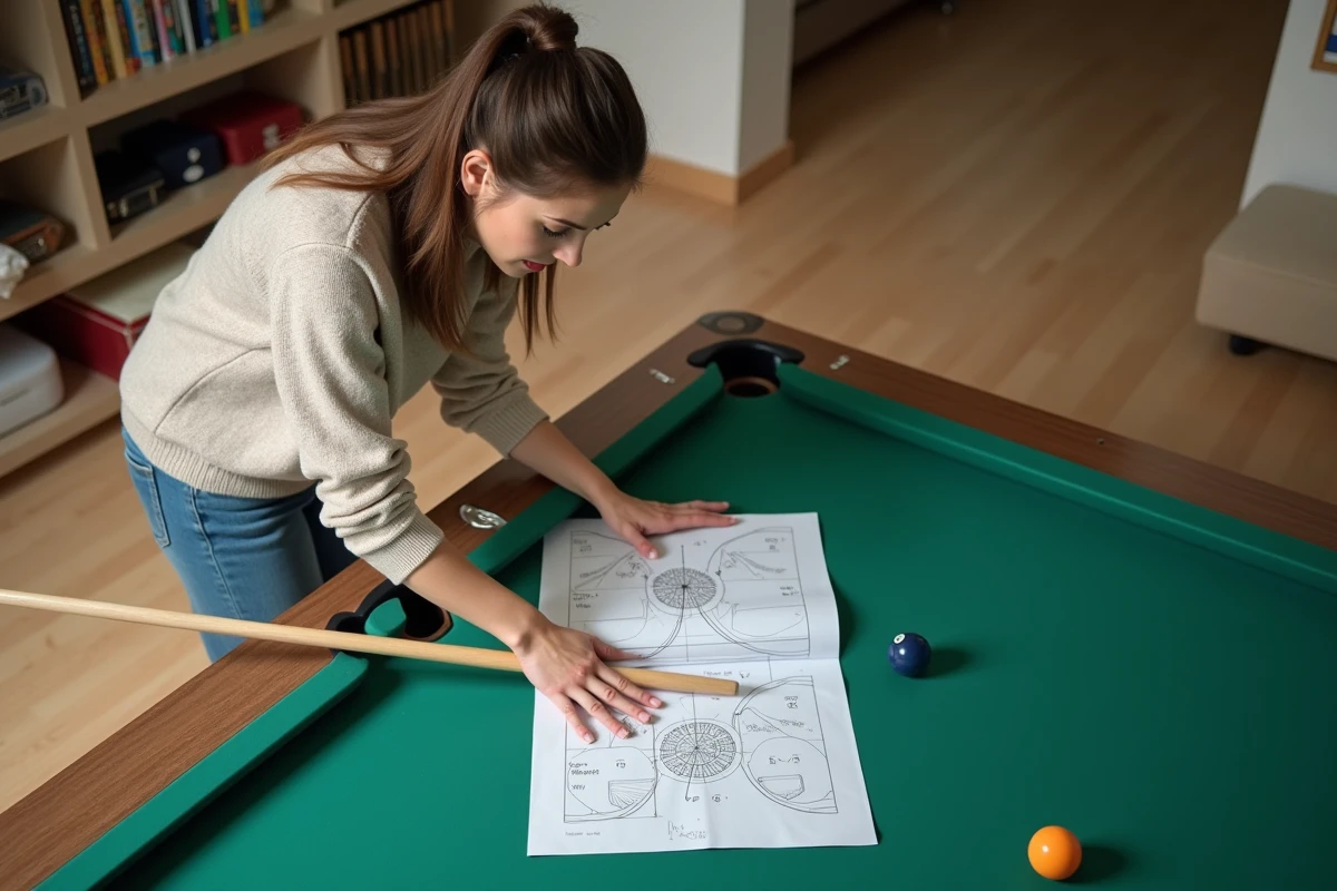Jeune femme étudiant un guide de billard sur la table