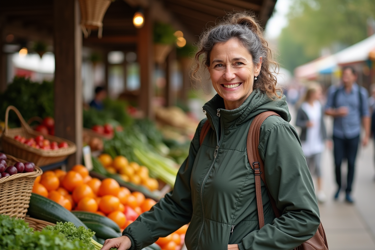 Femme souriante achetant des produits frais au marché en plein air