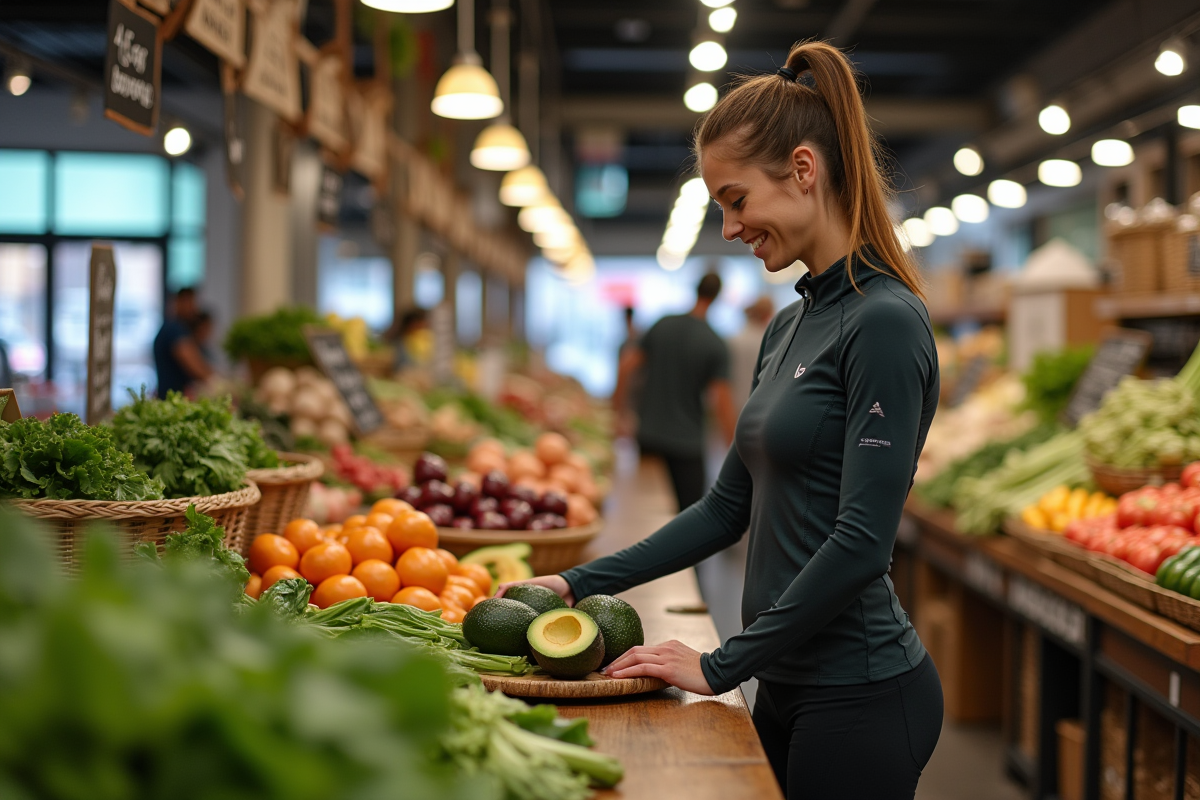 Femme athlète choisissant des légumes au marché