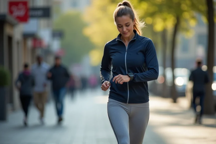 Femme en tenue de sport marchant en ville et consultant son podomètre au poignet pour compter ses pas quotidiens