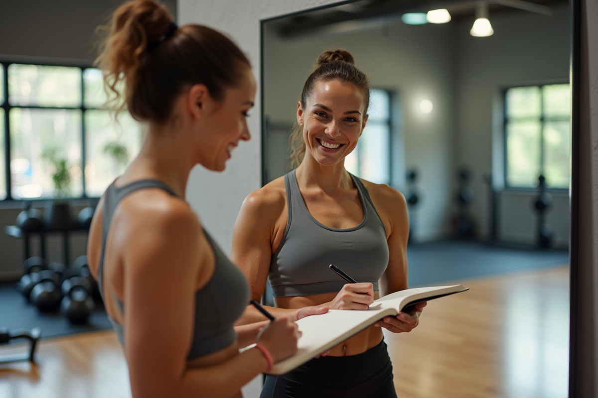 Femme notant dans un journal de sport dans un studio lumineux