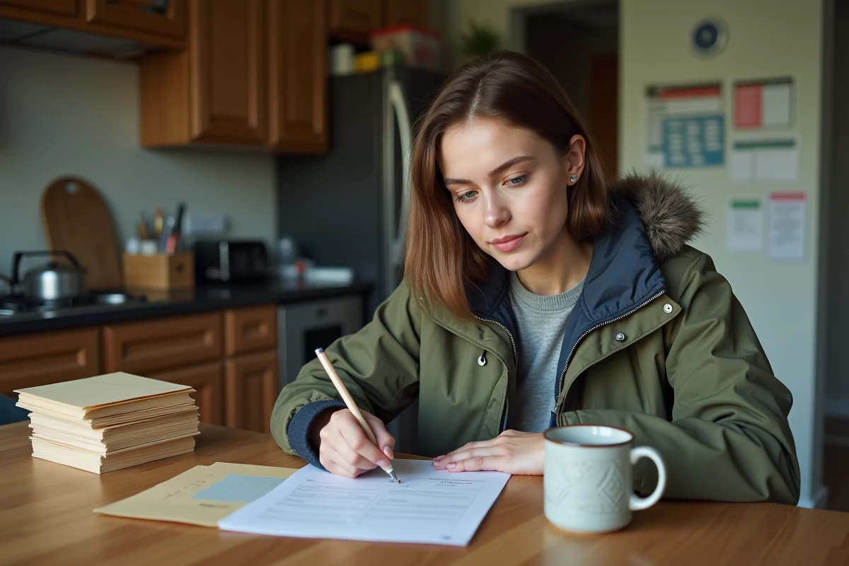 Jeune femme remplissant un formulaire de licence de pêche à la maison
