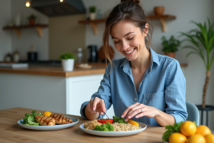 Femme souriante préparant un repas équilibré à la maison
